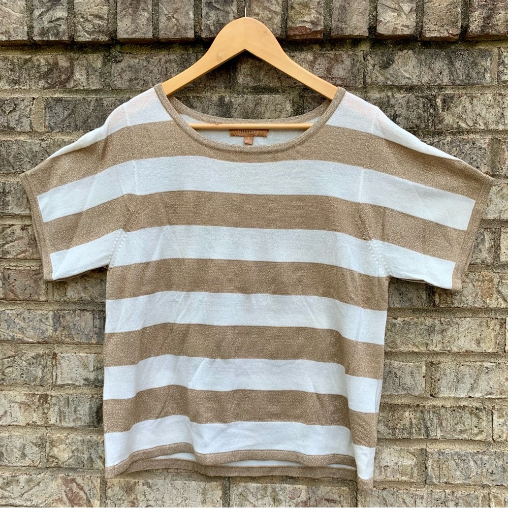 Ellen Tracy Striped Short Sleeve Sweater Gold and White
